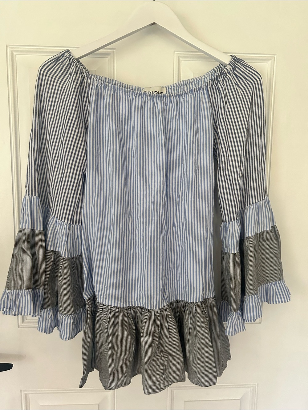 Striped Off-Shoulder Ruffle Blouse in Blue and White by